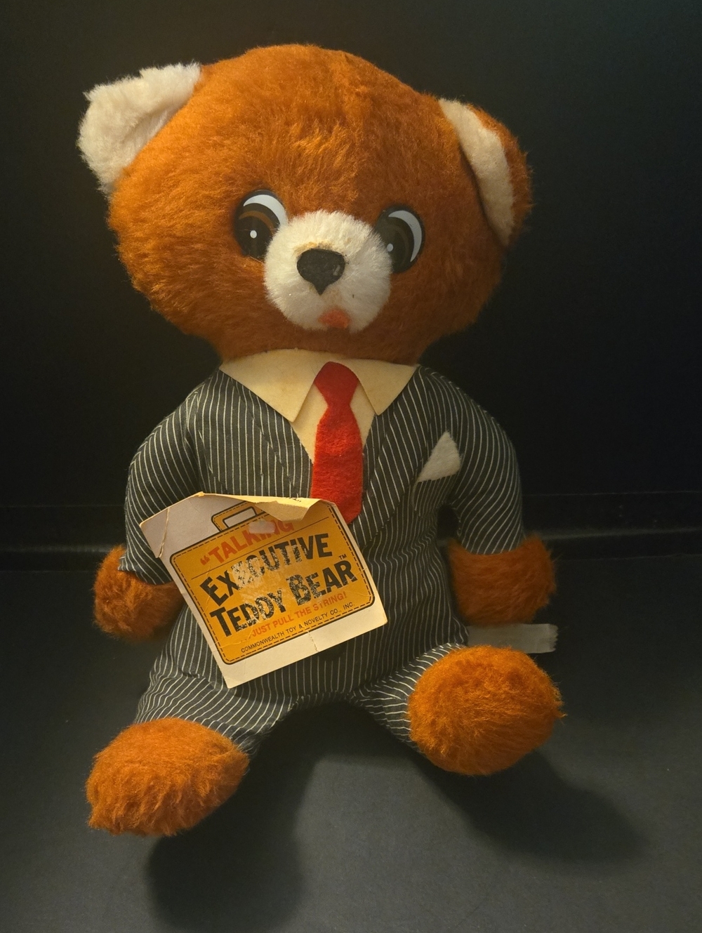 Executive Talking Teddy Bear Plush with Pinstripe Suit and Red Tie. Vintage 1970